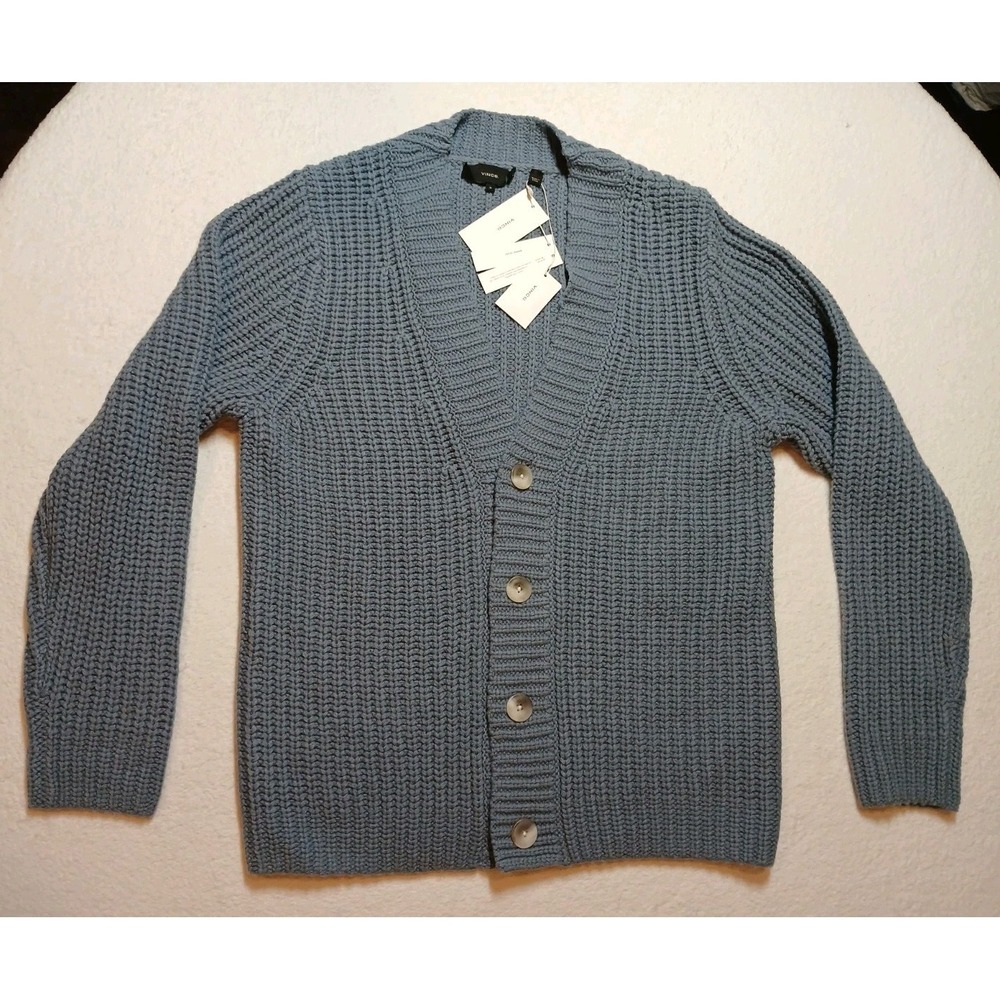 NWT Vince Men's Heirloom Cardigan M Blue Fisherman Rib Wool Blend Sweater $645